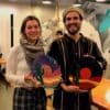 Guests with their vinyl record paintings - vino and vinyl by cork and chroma